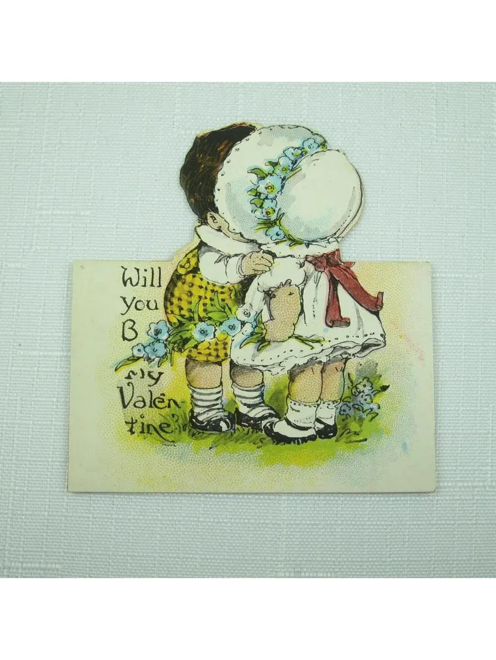 Vintage Valentine Boy Kisses Girl White Bonnet Blue Flowers Cutout Card Stand Up
